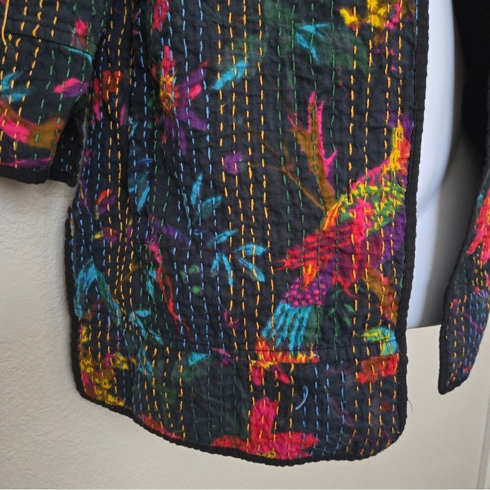 Bohemian Floral Birds Cotton Black Long Jacket Size Small - Picture 3 of 14